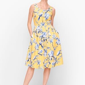 Talbots Toile Fit & Flare Midi Dress Women's Size 10 Yellow & Blue Floral